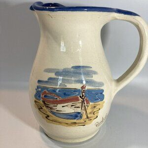Ceramiques Pantaleu Glazed Cream Blue Beach Scene Pottery Pitcher Made in Spain